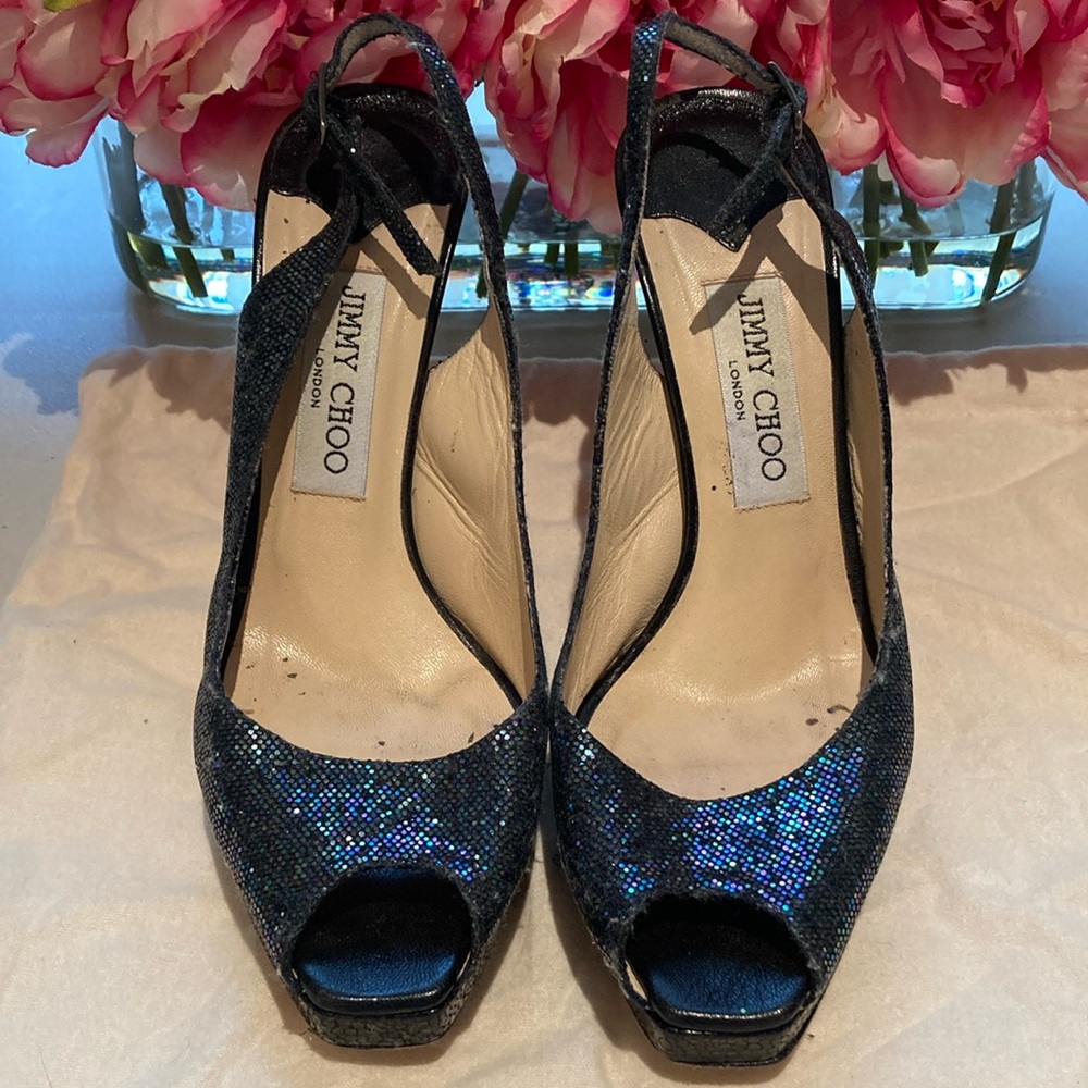 Jimmy Choo Black Glitter Peep-Toe Heels